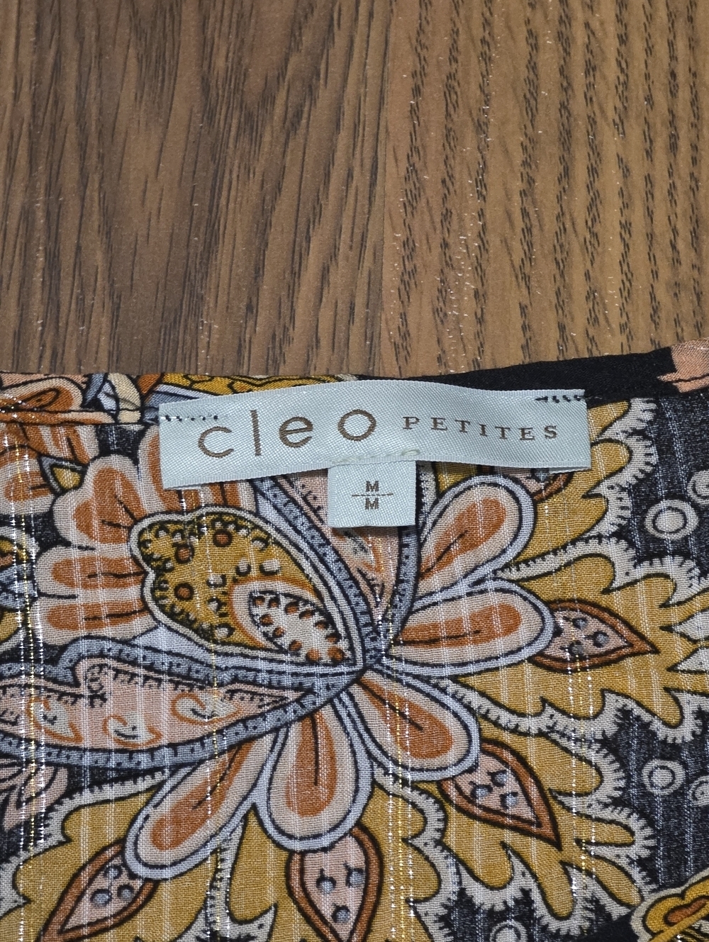 Cleo Petites M Black Gold Floral Boho Peasant Blouse Tassel Tie Long Sleeve Top - Picture 7 of 11